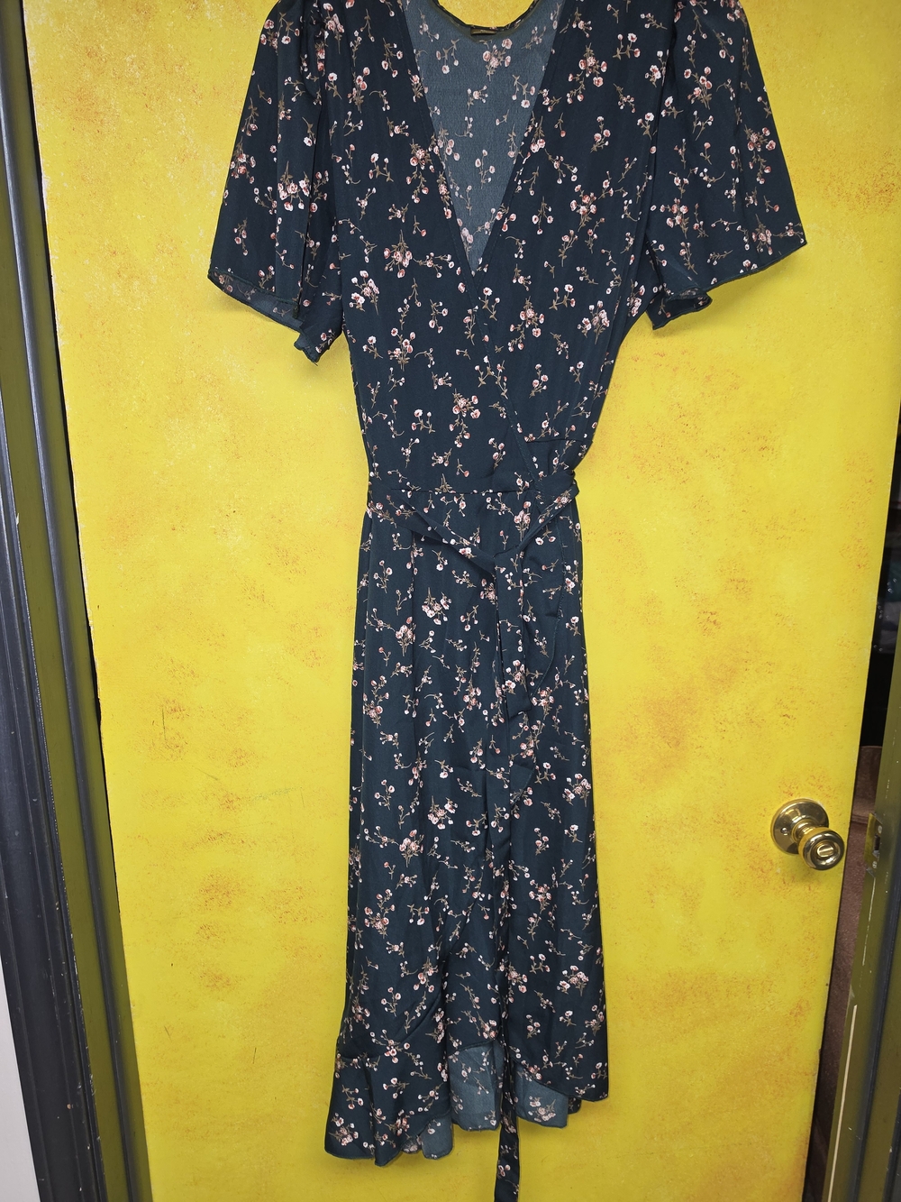SHEIN Dark Green Pink Floral Short Flutter Sleeve True Wrap Midi Dress XL